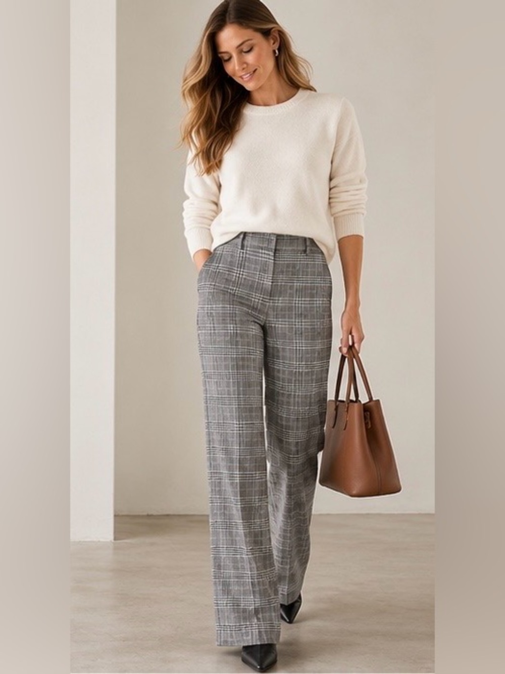 Ann Taylor Petite Glen Plaid Wide Leg Linen Blend Trouser Pants 10 Petite